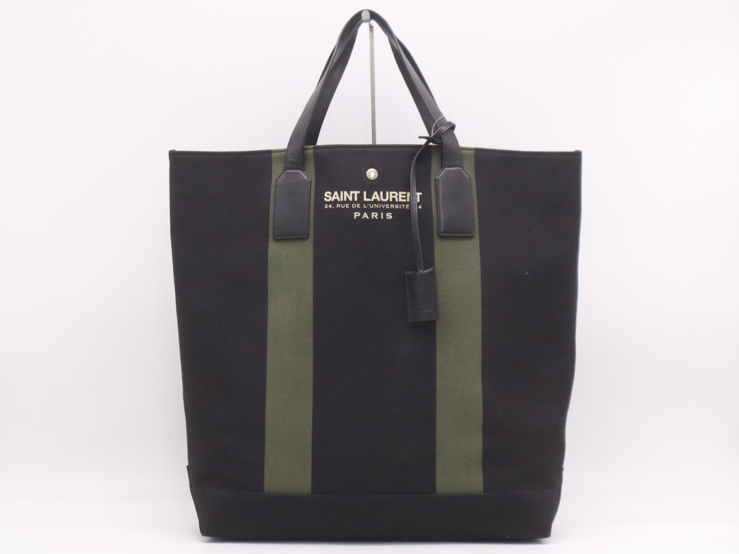 SAINT LAURENT Canvas Beach Shopping East-West Tote Bag in Black and Khaki with Key Ring and Guarantee Card