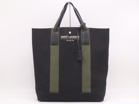 SAINT LAURENT Canvas Beach Shopping East-West Tote Bag in Black and Khaki with Key Ring and Guarantee Card