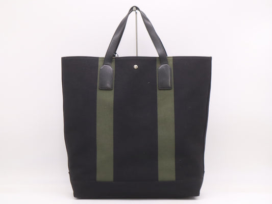 SAINT LAURENT Canvas Beach Shopping East-West Tote Bag in Black and Khaki with Key Ring and Guarantee Card