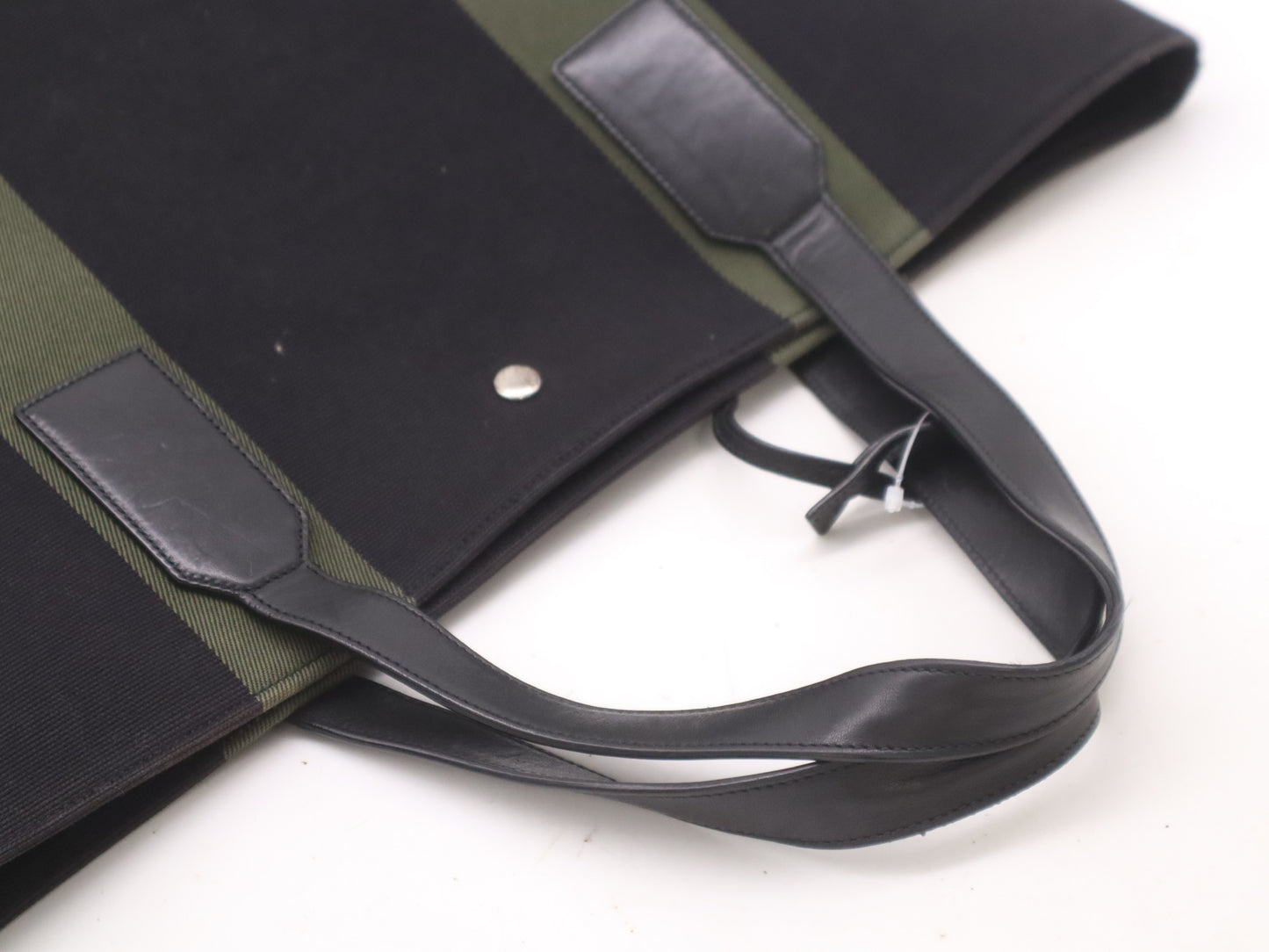 SAINT LAURENT Canvas Beach Shopping East-West Tote Bag in Black and Khaki with Key Ring and Guarantee Card