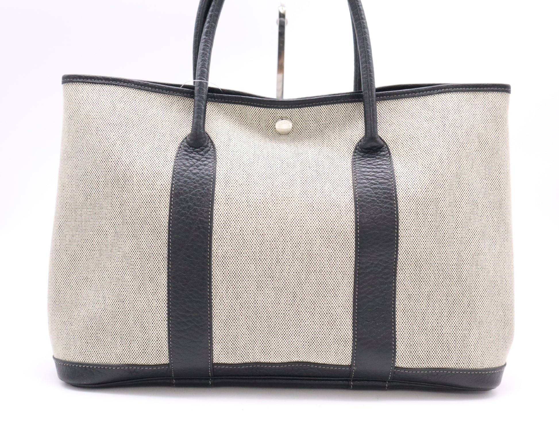 HERMES Garden Party PM Tote Bag, □H Stamp, 2004, Toile H x Leather, Gray Tote Bag