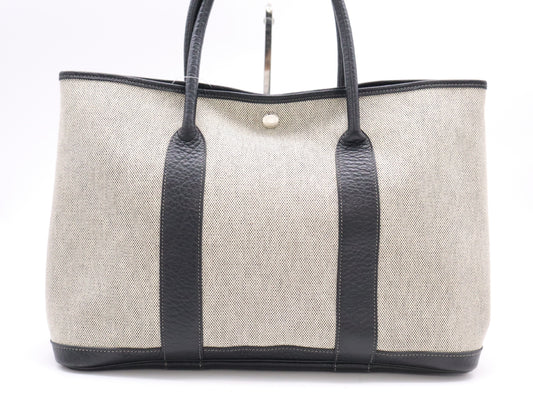 HERMES Garden Party PM Tote Bag, □H Stamp, 2004, Toile H x Leather, Gray Tote Bag
