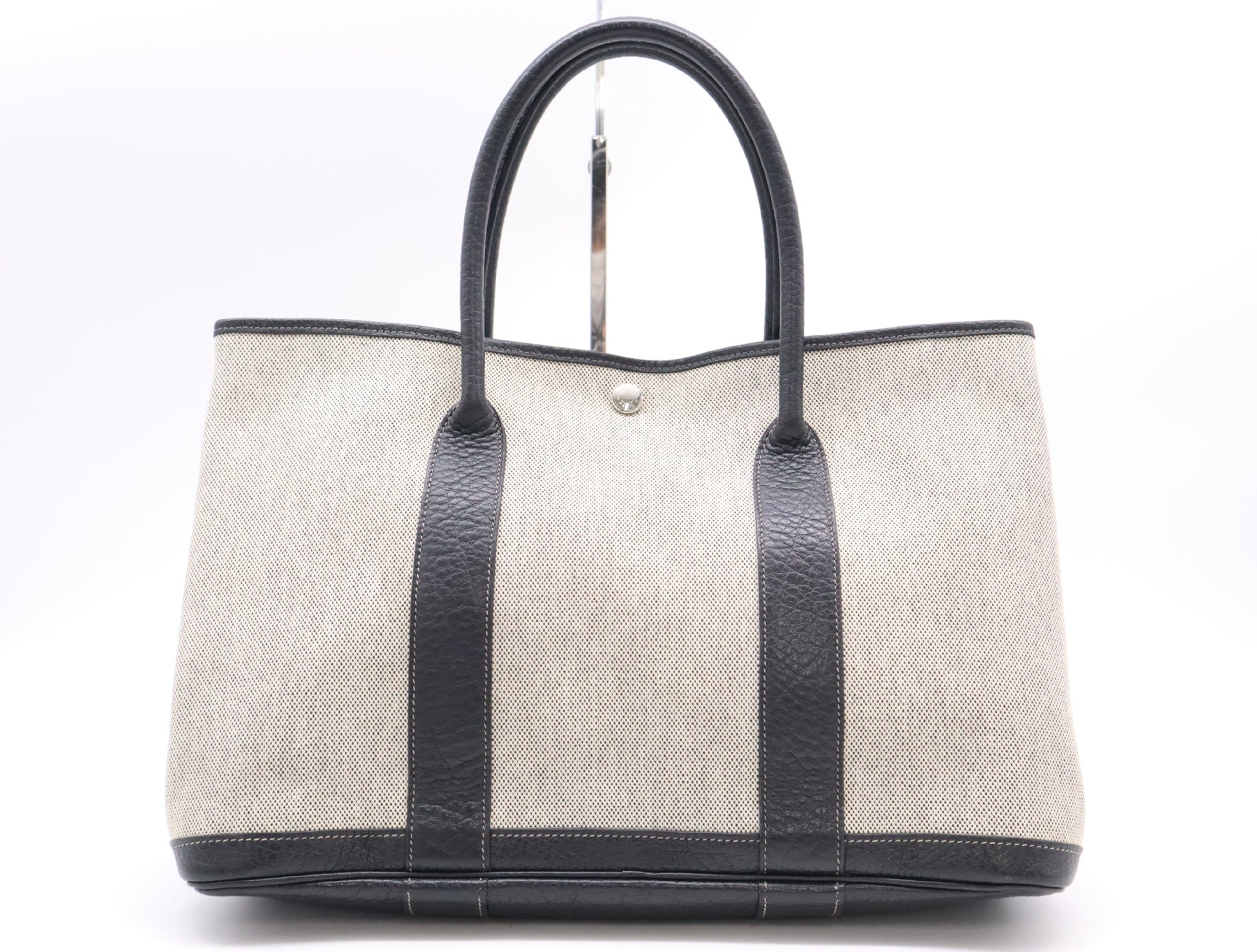 HERMES Garden Party PM Tote Bag, □H Stamp, 2004, Toile H x Leather, Gray Tote Bag