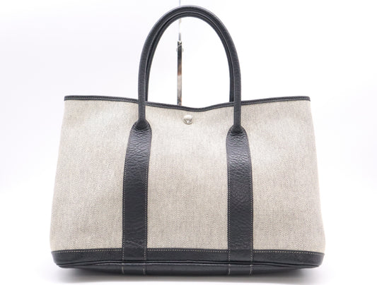 HERMES Garden Party PM Tote Bag, □H Stamp, 2004, Toile H x Leather, Gray Tote Bag