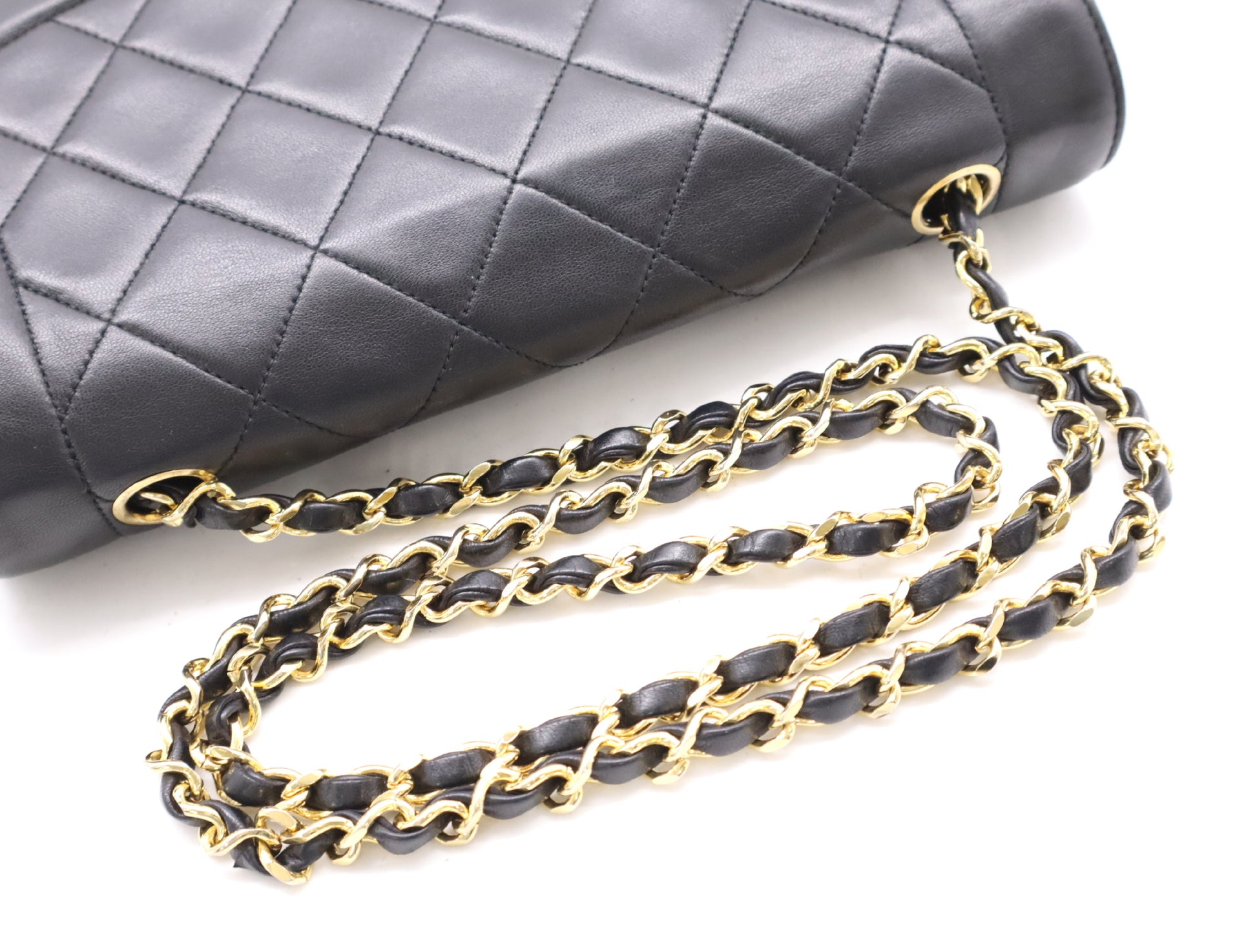 CHANEL Diana 25 Lambskin Matelasse Shoulder Bag with Small Flap, Small Chain, Gold Hardware, Black Seal, Card Included, 2016686