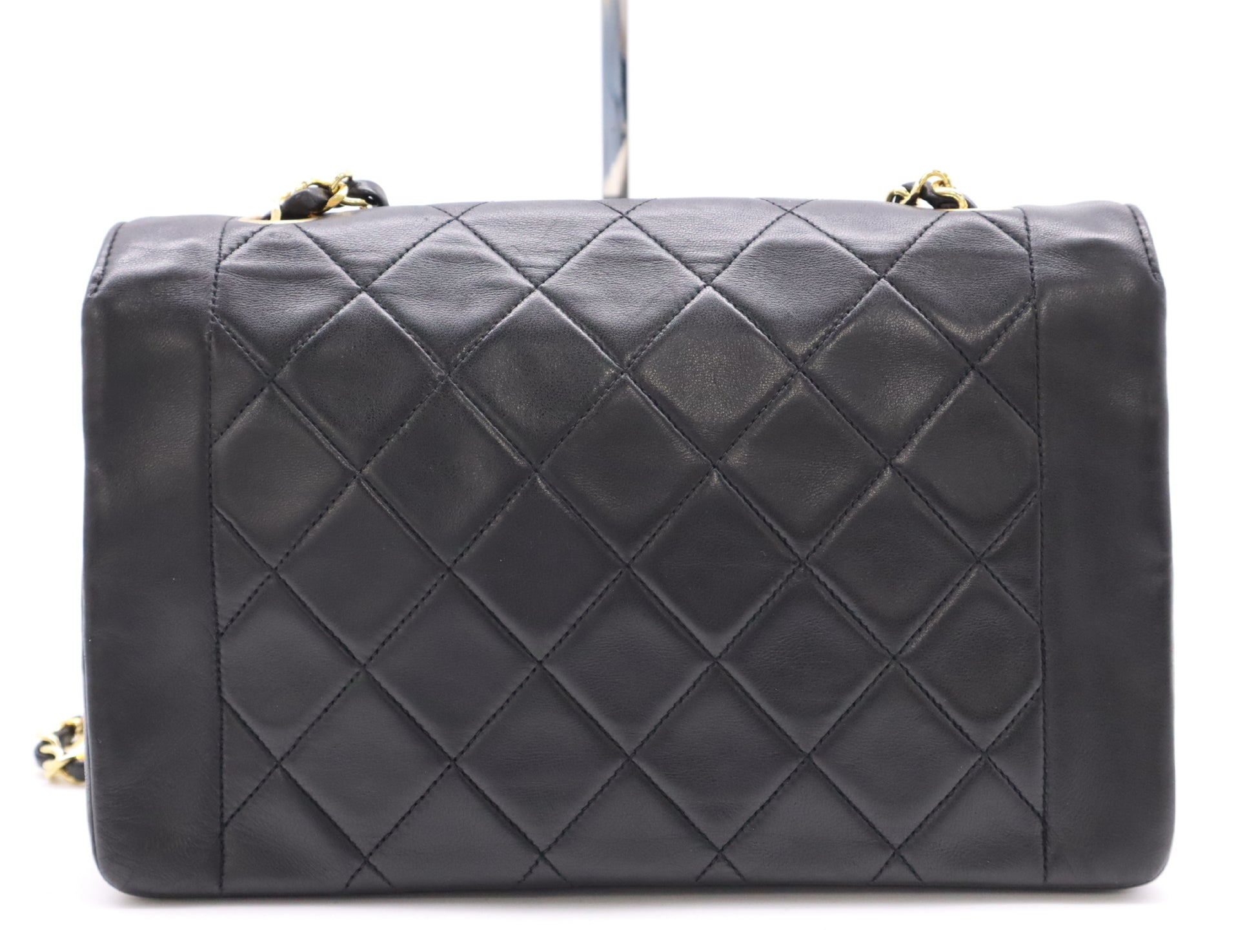 CHANEL Diana 25 Lambskin Matelasse Shoulder Bag with Small Flap, Small Chain, Gold Hardware, Black Seal, Card Included, 2016686
