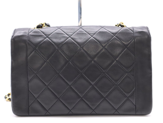 CHANEL Diana 25 Lambskin Matelasse Shoulder Bag with Small Flap, Small Chain, Gold Hardware, Black Seal, Card Included, 2016686