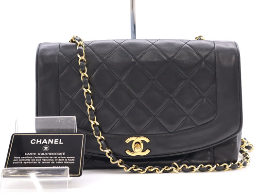 CHANEL Diana 25 Lambskin Matelasse Shoulder Bag with Small Flap, Small Chain, Gold Hardware, Black Seal, Card Included, 2016686