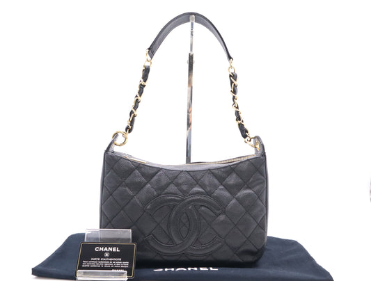 CHANEL Caviar Leather Matelasse Chain Shoulder Bag with GD Hardware, Black Card, 7073121, Dust Bag Included