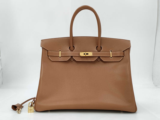 HERMES Birkin 35 Handbag, □H Stamp, 2005, Gold Hardware, Brown, Cloche, Cadena, and 2 Keys