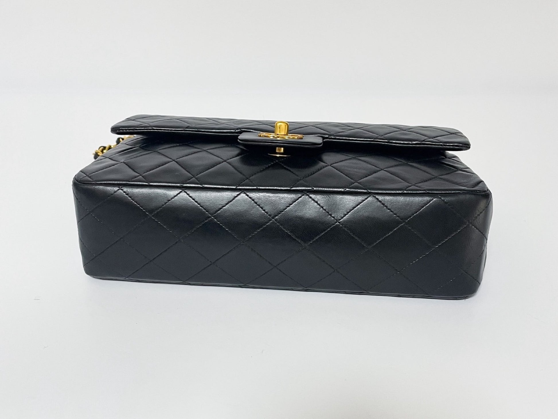 CHANEL Double Flap Matelasse Black Lambskin Shoulder Bag with Seal and Box