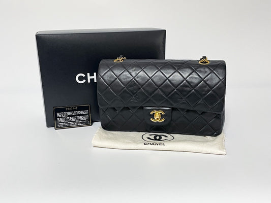 CHANEL Double Flap Matelasse Black Lambskin Shoulder Bag with Seal and Box