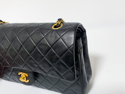 CHANEL Double Flap Matelasse Black Lambskin Shoulder Bag with Seal and Box