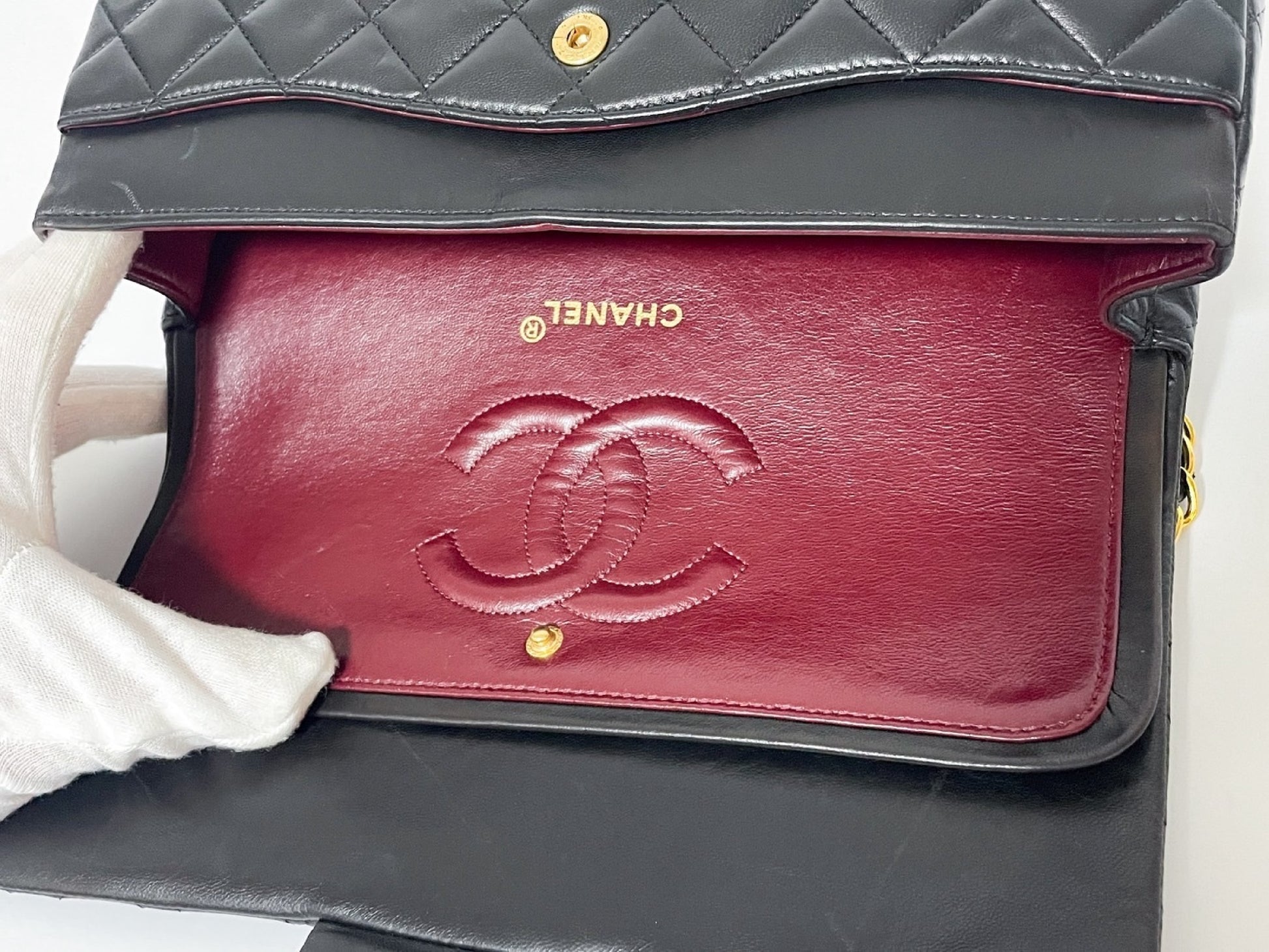 CHANEL Double Flap Matelasse Black Lambskin Shoulder Bag with Seal and Box