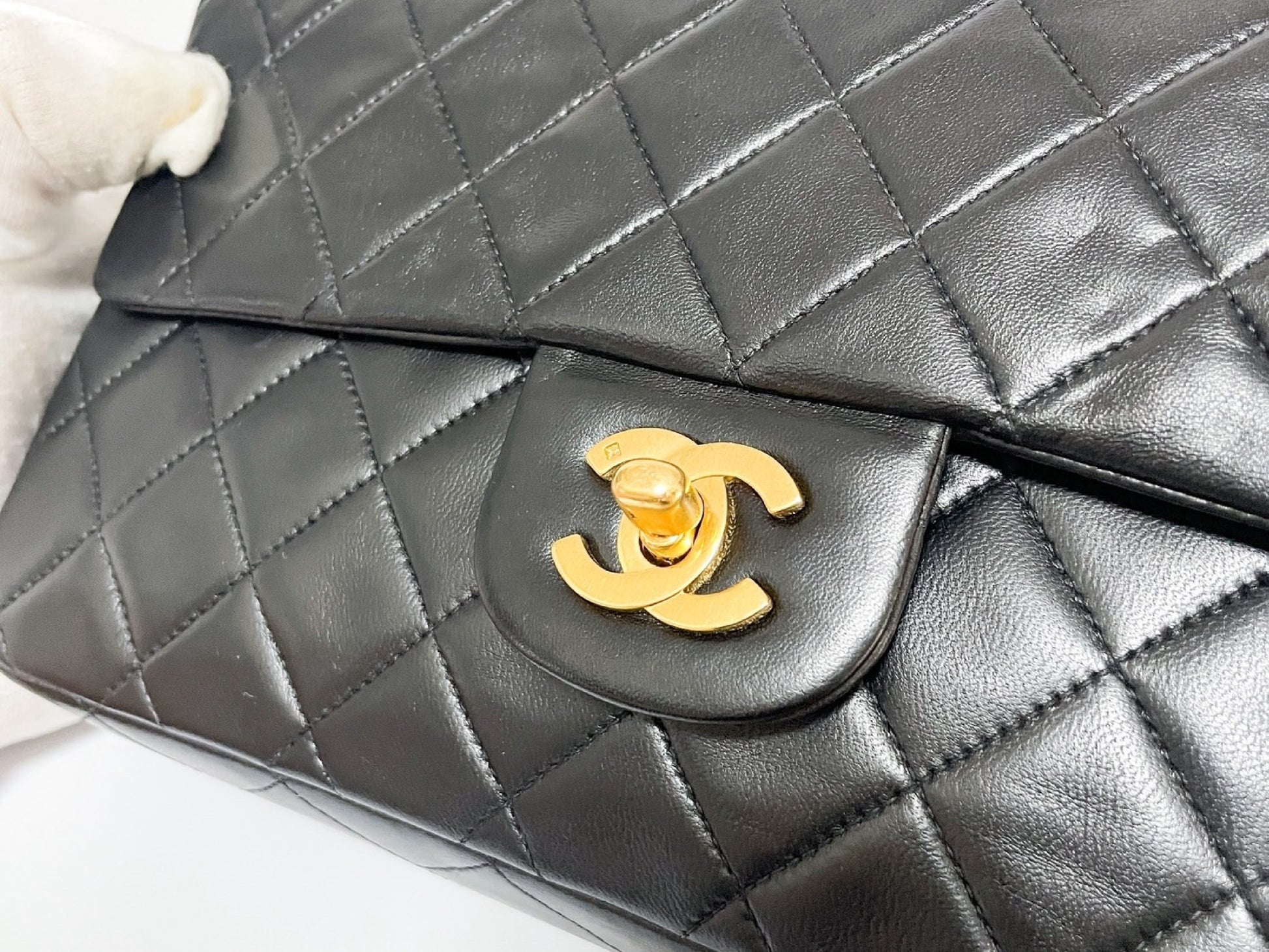CHANEL Double Flap Matelasse Black Lambskin Shoulder Bag with Seal and Box