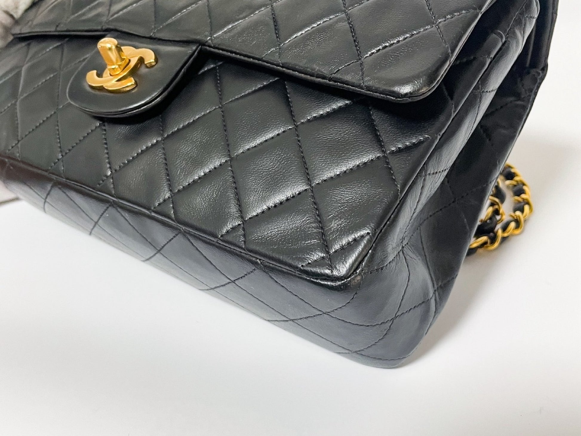 CHANEL Double Flap Matelasse Black Lambskin Shoulder Bag with Seal and Box