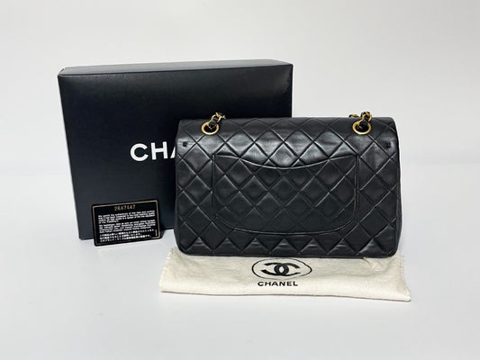 CHANEL Double Flap Matelasse Black Lambskin Shoulder Bag with Seal and Box