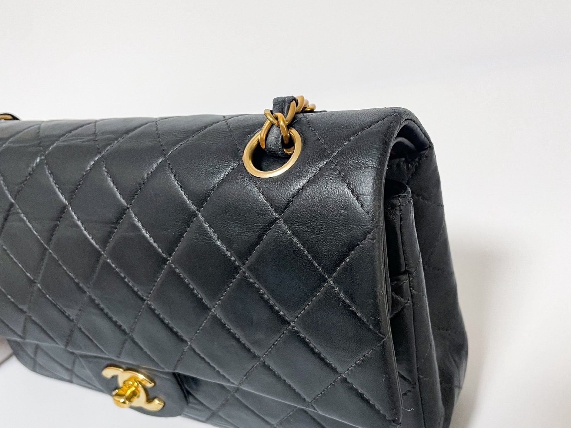 CHANEL Double Flap Matelasse Black Lambskin Shoulder Bag with Seal, No. 7