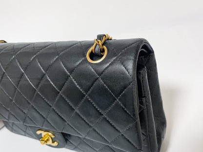 CHANEL Double Flap Matelasse Black Lambskin Shoulder Bag with Seal, No. 7