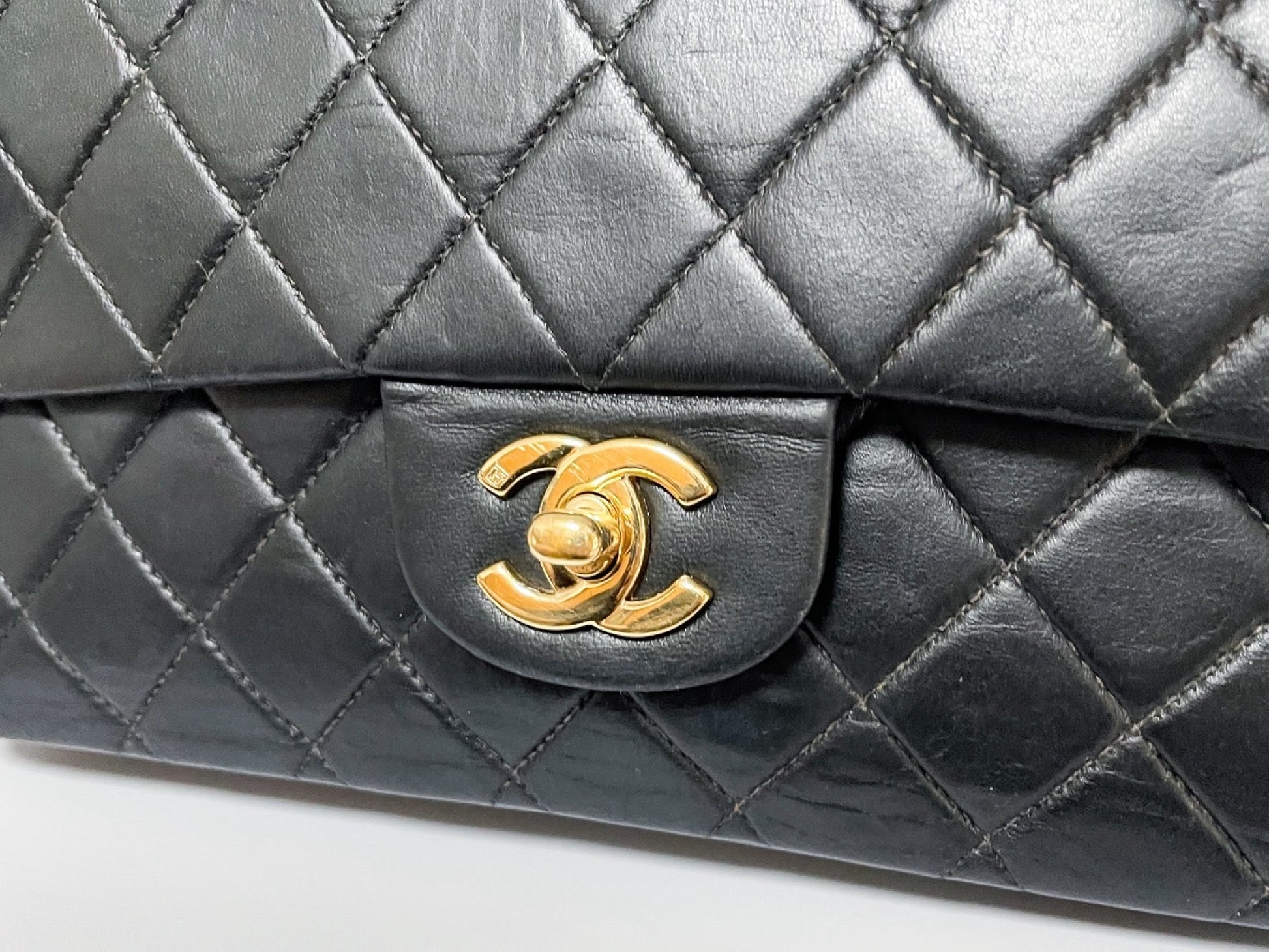 CHANEL Double Flap Matelasse Black Lambskin Shoulder Bag with Seal, No. 7