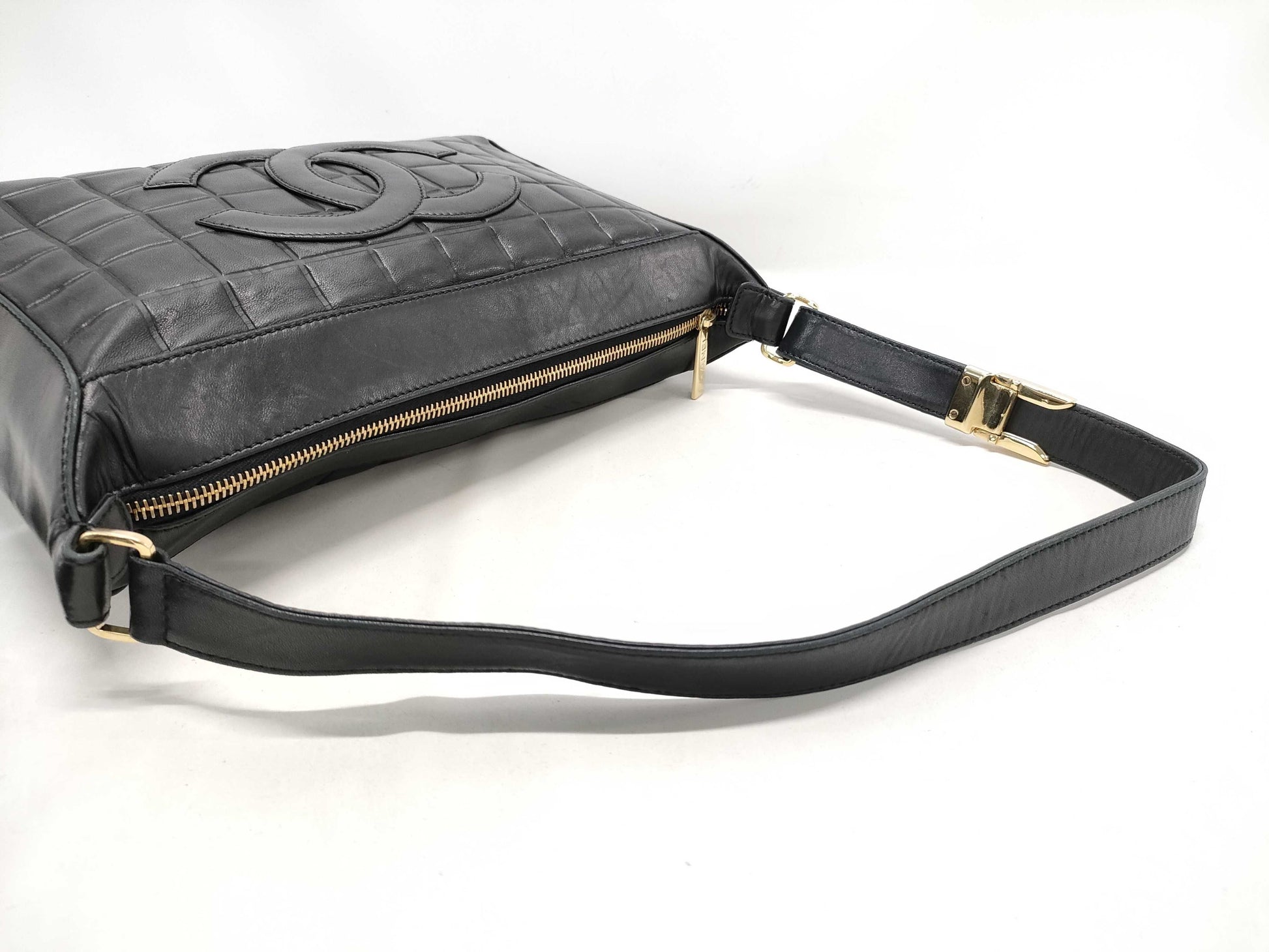 CHANEL Chocobar Bag, Chanel Chocobar Shoulder Bag, Lambskin, Black, 7094483, Bag, Bag, Shoulder Bag