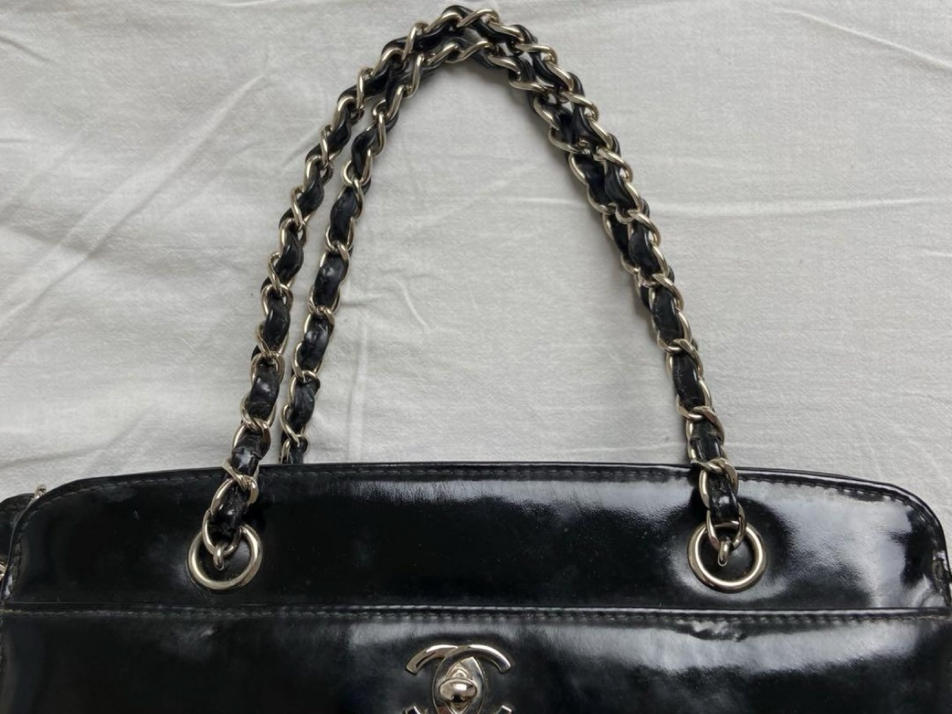 CHANEL Coco Mark Patent Leather Chain Handbag Black Silver Shoulder Bag
