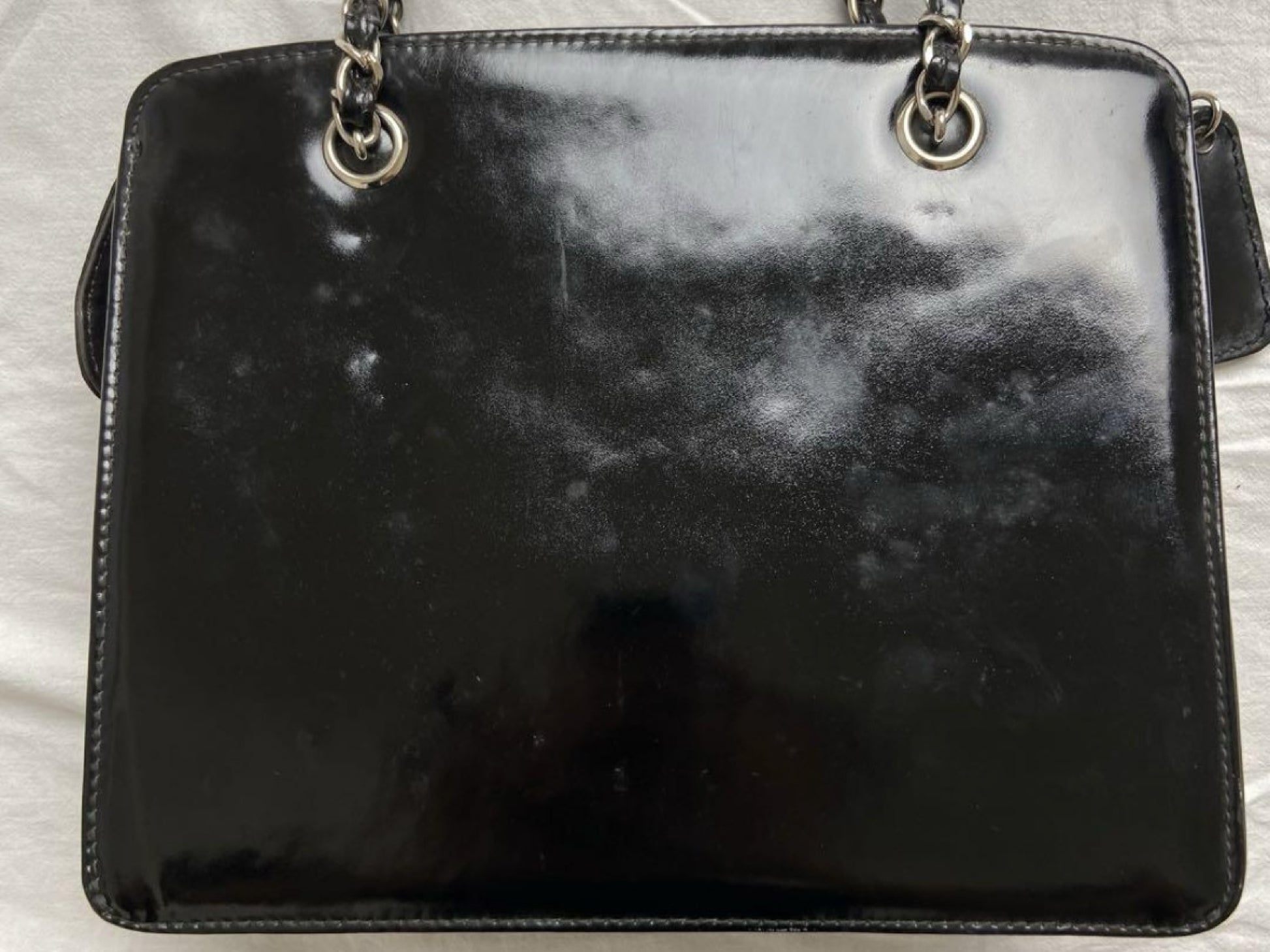 CHANEL Coco Mark Patent Leather Chain Handbag Black Silver Shoulder Bag