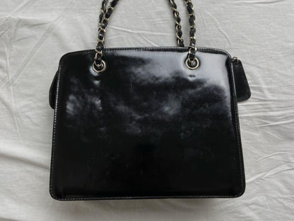 CHANEL Coco Mark Patent Leather Chain Handbag Black Silver Shoulder Bag