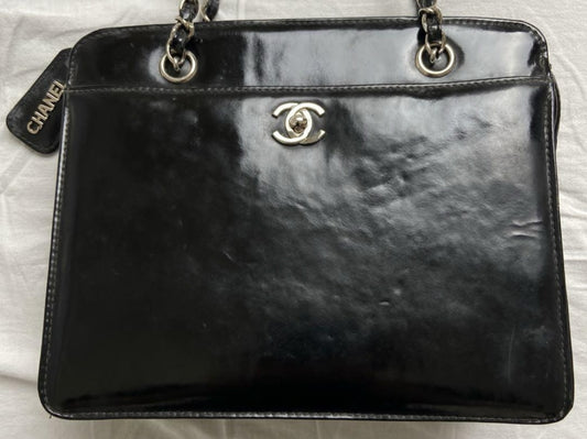 CHANEL Coco Mark Patent Leather Chain Handbag Black Silver Shoulder Bag