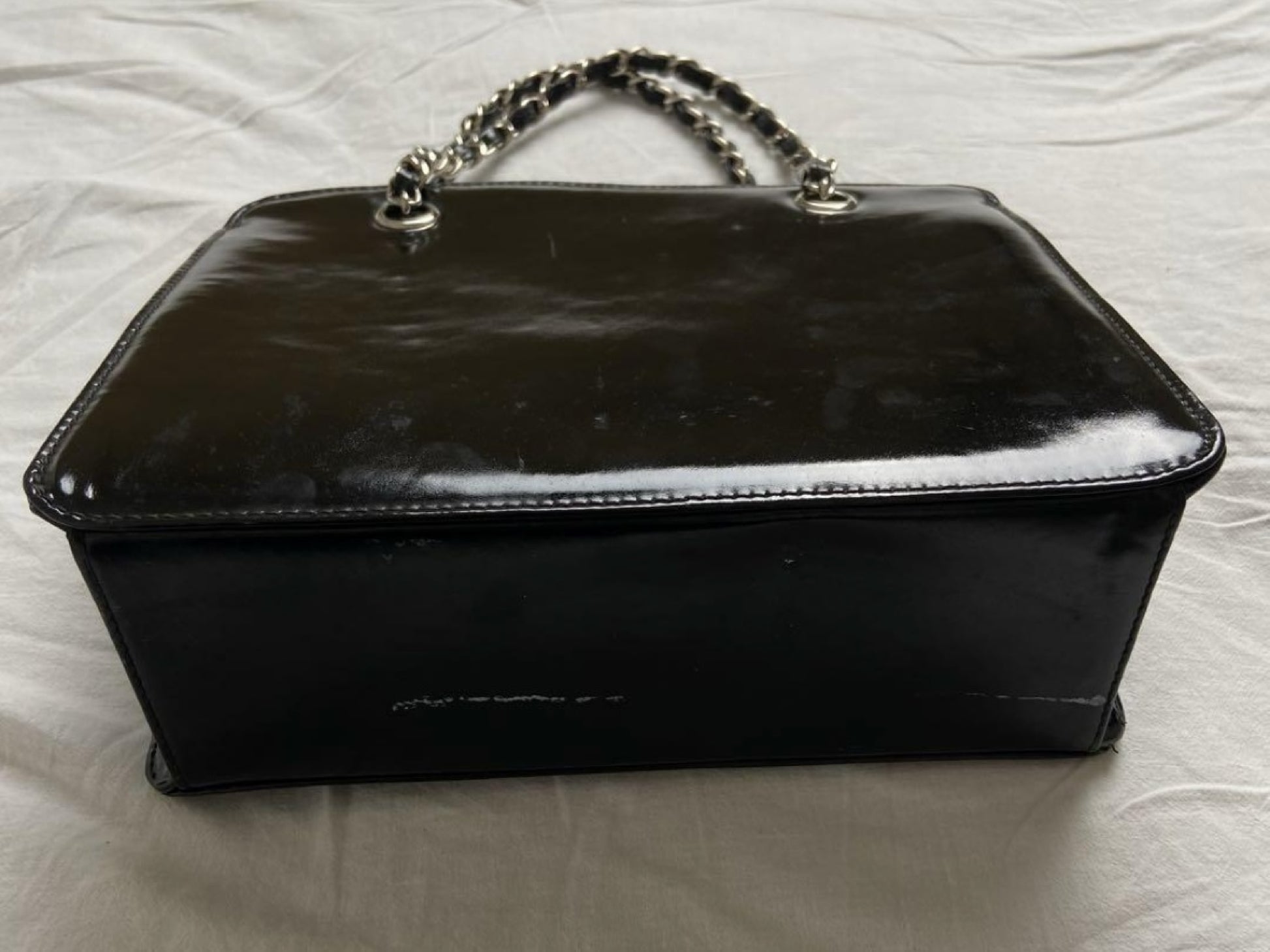 CHANEL Coco Mark Patent Leather Chain Handbag Black Silver Shoulder Bag