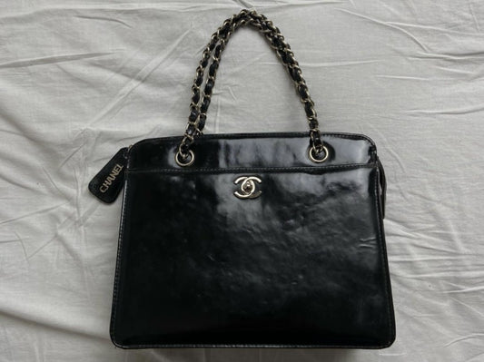 CHANEL Coco Mark Patent Leather Chain Handbag Black Silver Shoulder Bag
