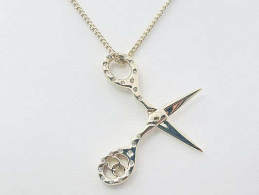 CHANEL C22A Coco Mark Scissors Motif Rhinestone Necklace Engraved