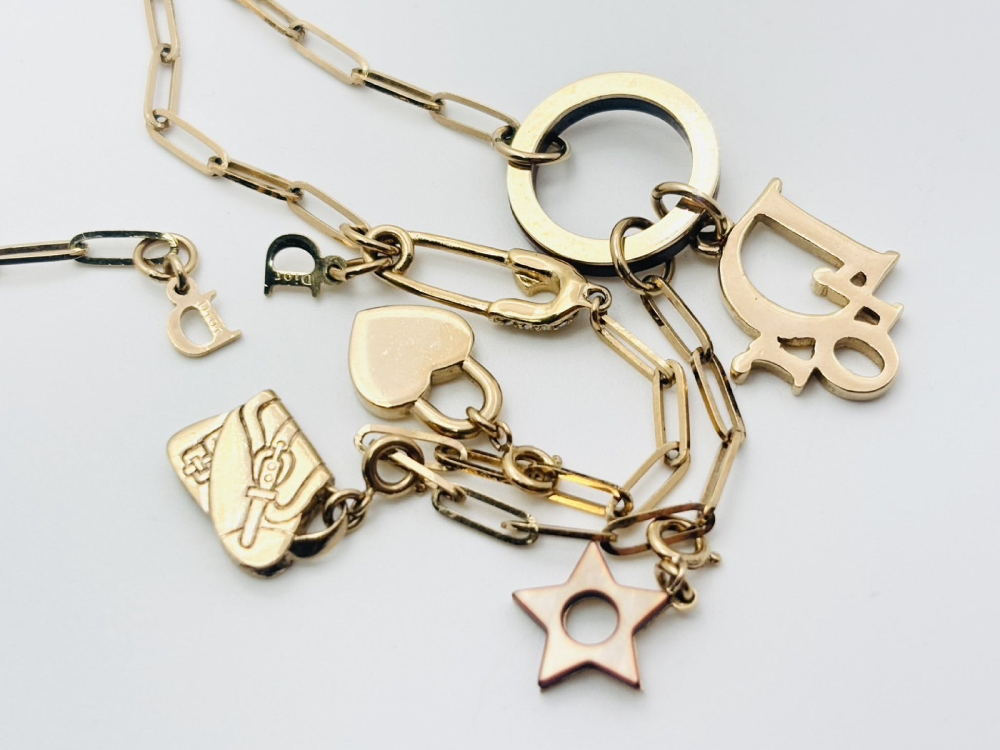 Dior Dior Logo Rhinestone Wood Circle Safety Pin Icon 3 Charm Saddlebag & Star & Heart Multi-Way Gold Necklace