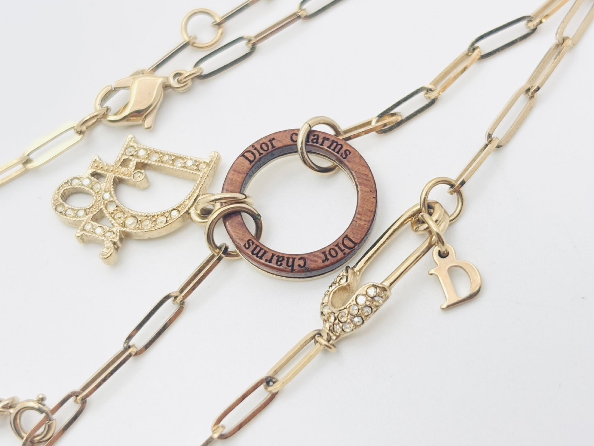 Dior Dior Logo Rhinestone Wood Circle Safety Pin Icon 3 Charm Saddlebag & Star & Heart Multi-Way Gold Necklace
