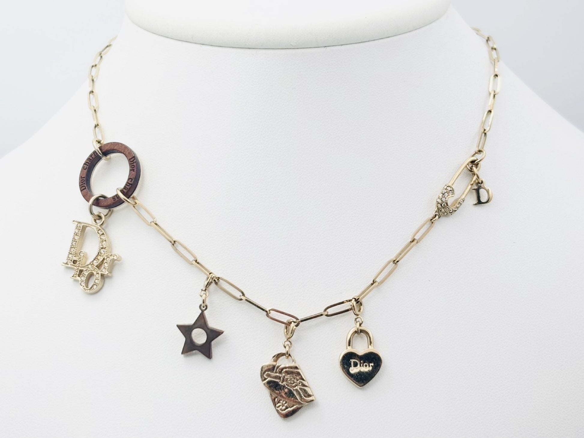 Dior Dior Logo Rhinestone Wood Circle Safety Pin Icon 3 Charm Saddlebag & Star & Heart Multi-Way Gold Necklace