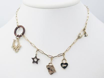 Dior Dior Logo Rhinestone Wood Circle Safety Pin Icon 3 Charm Saddlebag & Star & Heart Multi-Way Gold Necklace