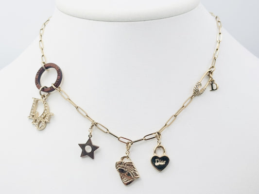 Dior Dior Logo Rhinestone Wood Circle Safety Pin Icon 3 Charm Saddlebag & Star & Heart Multi-Way Gold Necklace