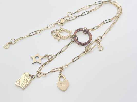 Dior Dior Logo Rhinestone Wood Circle Safety Pin Icon 3 Charm Saddlebag & Star & Heart Multi-Way Gold Necklace
