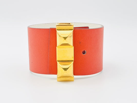 HERMES Medor Collier de Chien PM Leather Bracelet, Red, Stamped with R