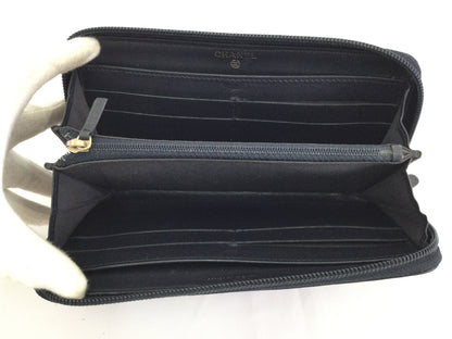 CHANEL Caviar Coco Mark Leather Black Long Wallet with Round Zipper