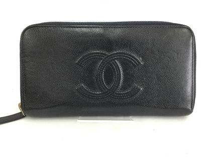 CHANEL Caviar Coco Mark Leather Black Long Wallet with Round Zipper