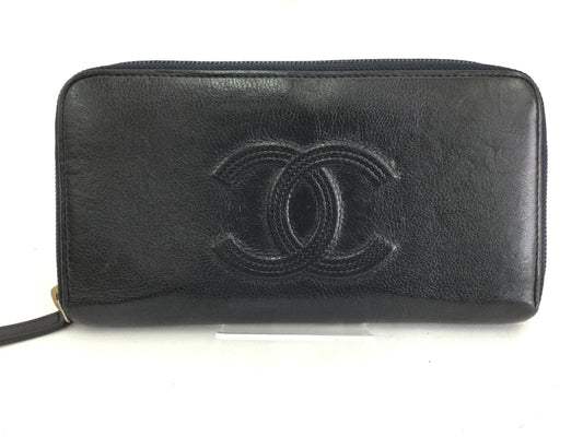 CHANEL Caviar Coco Mark Leather Black Long Wallet with Round Zipper