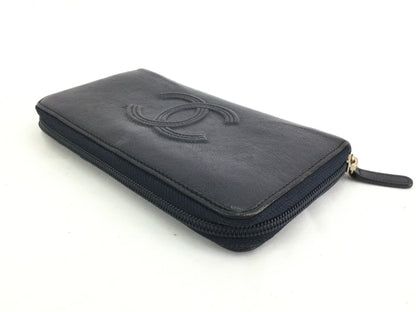 CHANEL Caviar Coco Mark Leather Black Long Wallet with Round Zipper