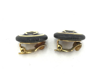 CHANEL Coco Mark Round Earrings 96A Enamel x Wood Black x Gold Earrings