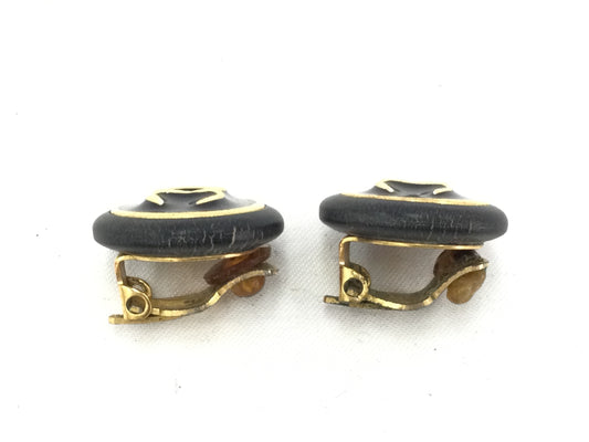 CHANEL Coco Mark Round Earrings 96A Enamel x Wood Black x Gold Earrings