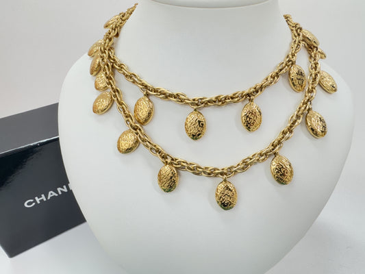 CHANEL Logo Medal Gold Necklace, Engraved, Total Length: Approximately 89cm, Box Included