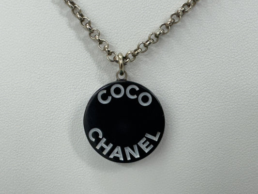 CHANEL COCO Logo Pla Silver Necklace 07P with Comments and Box