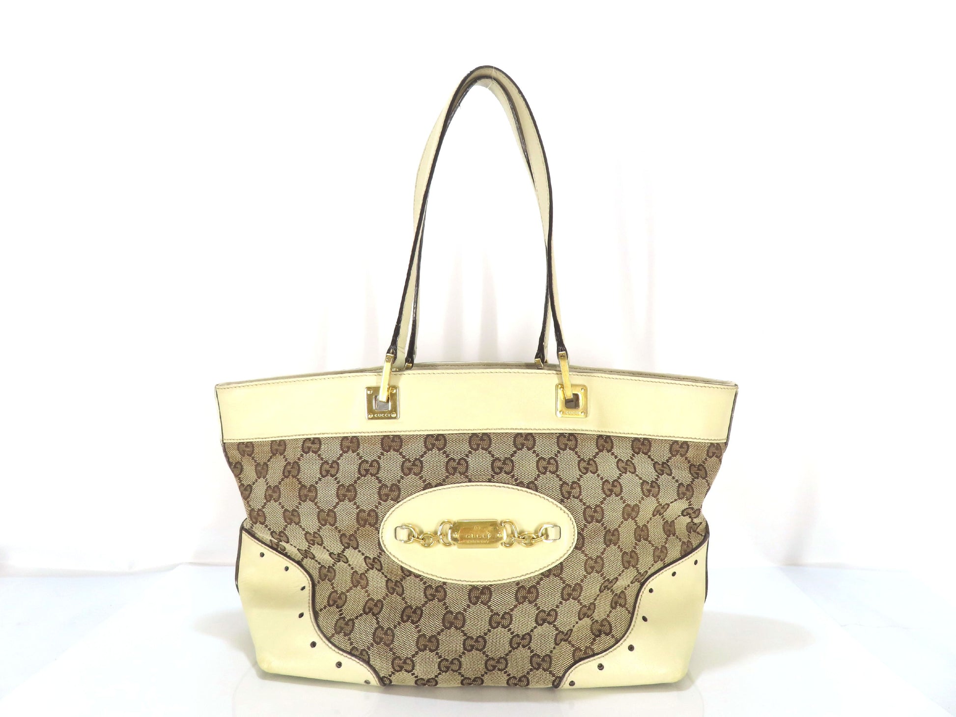 GUCCI GG Canvas Tote Bag, GG Canvas Leather, White and Beige Shoulder Bag