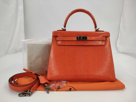 HERMES Kelly 25 Lizard 2-Way Bag Orange □I Handbag