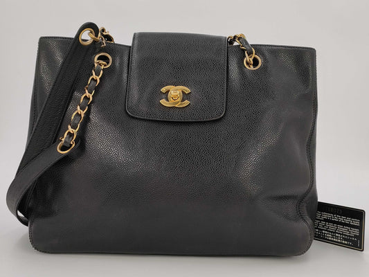 CHANEL CHANEL Supermodel Caviar Skin Chain Tote Bag with Seal and Card, No. 4, Turn Lock